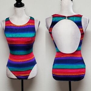 Vintage 80s Cazimi Rainbow Sunset Full Coverage Cut-out Peek-a-boo Back Swimsuit